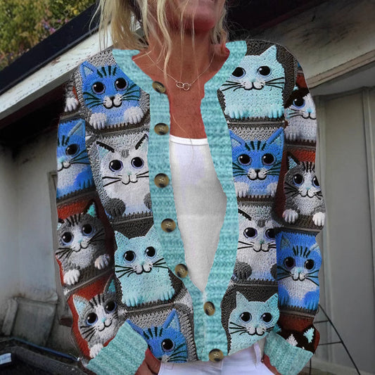 Digital-print Cardigan Knitted Jacket Faux Sweater For Women