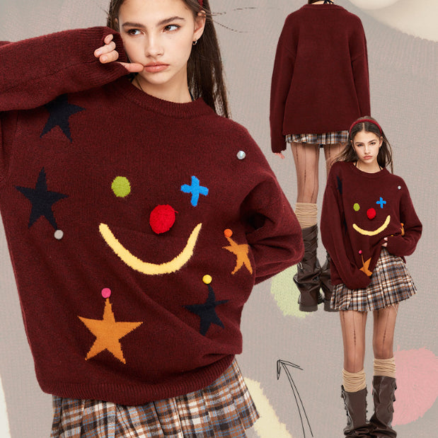 Autumn And Winter Smiley Star Jacquard Loose-fitting Idle Style Needle Sweater Women