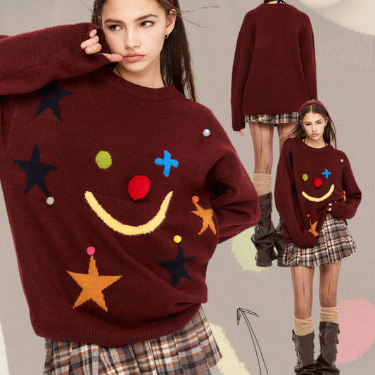 Autumn And Winter Smiley Star Jacquard Loose-fitting Idle Style Needle Sweater Women