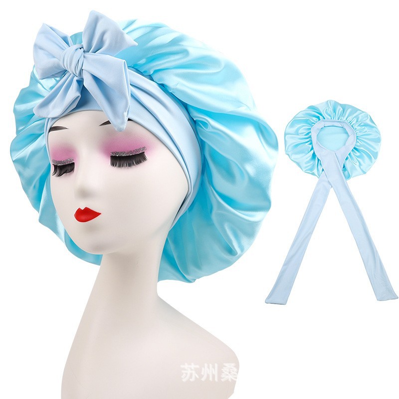 Stretch Ribbon Bowknot Silk Round Cap Solid Color