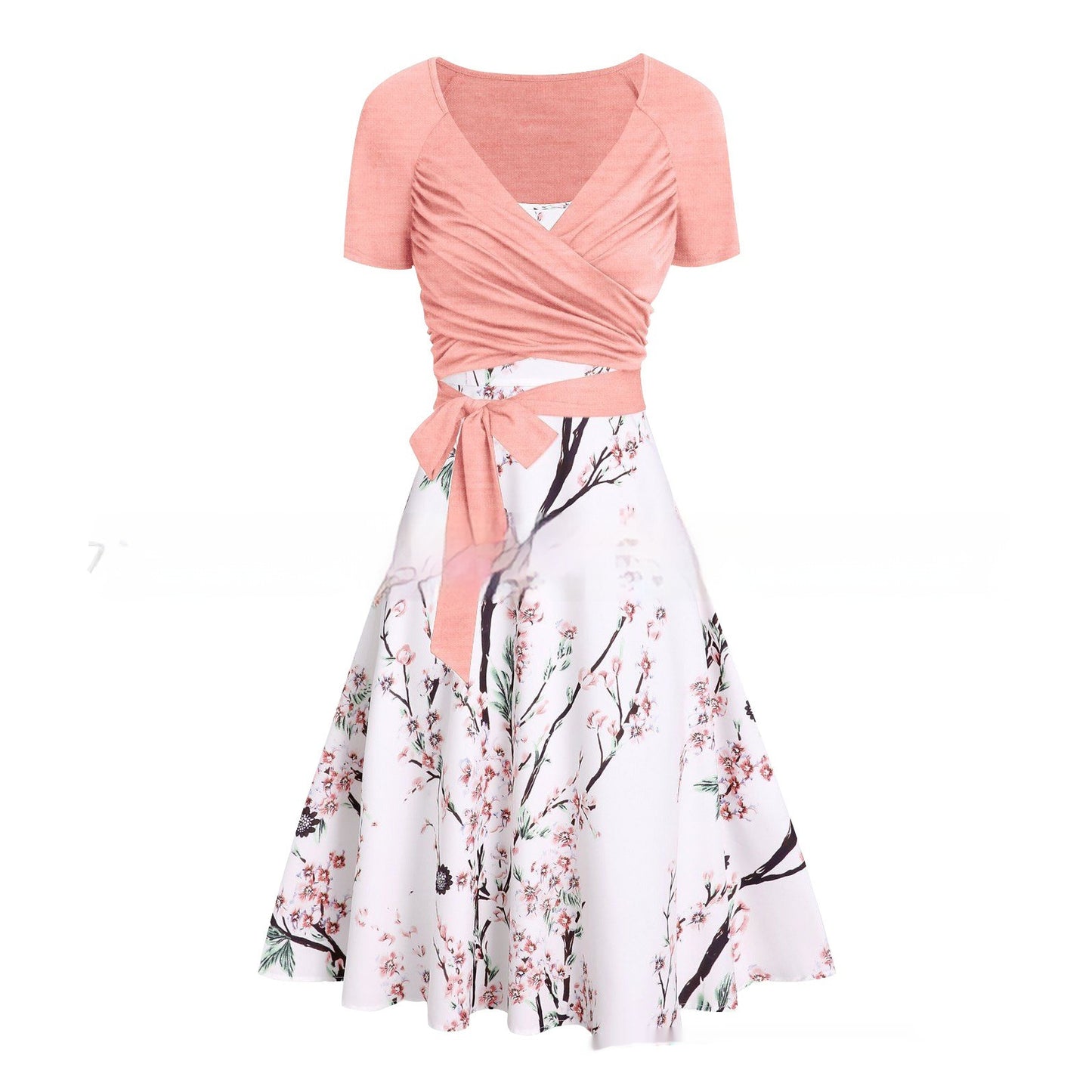 Women's Summer V-neck Short-sleeved Printed Dress Two-piece Set