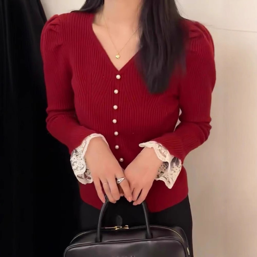 Korean Style Sense Of Design Long Sleeve Lace Splicing Knitwear
