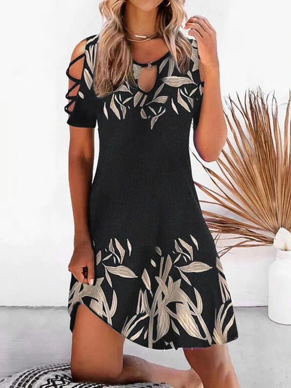 Womens Printed Short-Sleeve Off-Shoulder Casual Vacation Cinched Dress