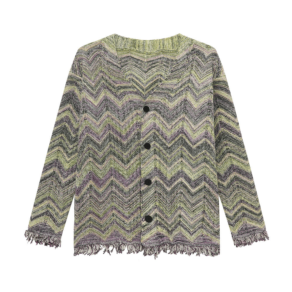 Retro Contrast Color Sweater Wave Striped Knitted Cardigan Jacket