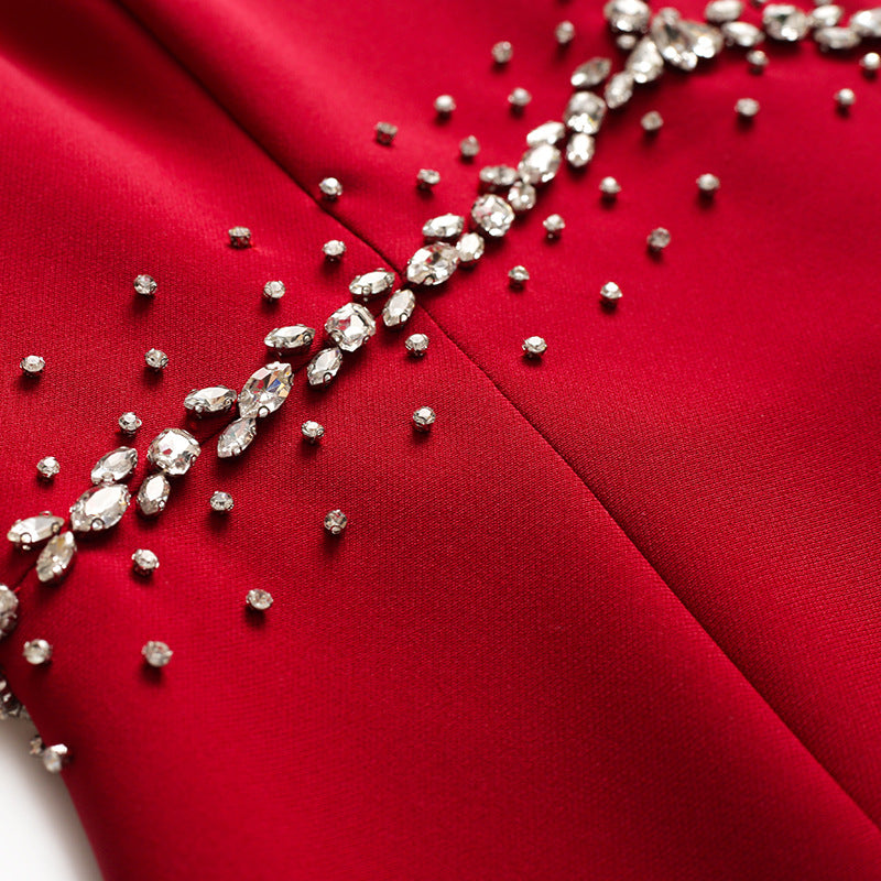 V-neck Shawl Sleeve Studded Diamond Banquet Buttocks Skirt