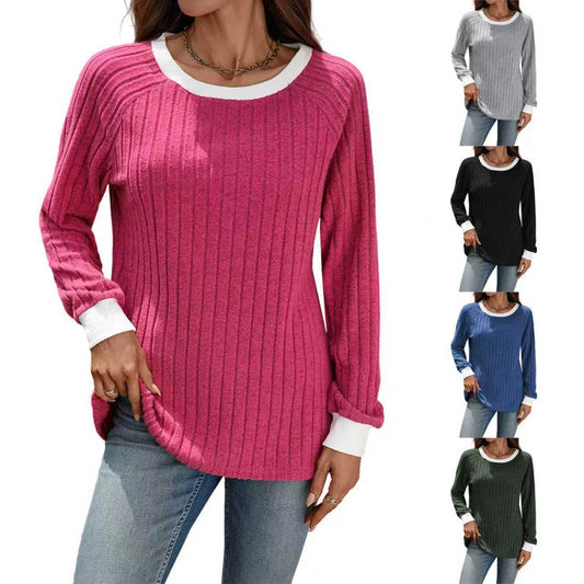 European And American Autumn And Winter Round Neck Contrast Color Long Sleeves Sunken Stripe T-shirt