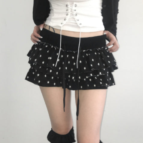 Sweet Printed Contrast Color Stretch Double Layer Skirt