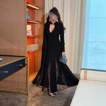 Round-neck Spliced Lace Long-sleeve Slim-fit Elegant Vintage Dress