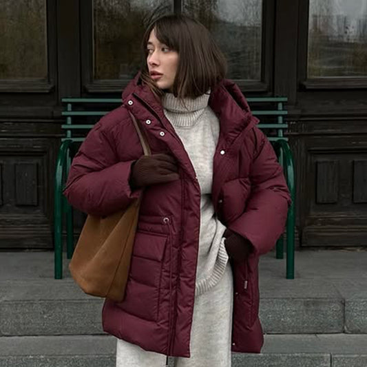 Wine Red Hooded Cotton Jacket Lace-up Waist Zipper Bread Thermal Cotton-padded Coat