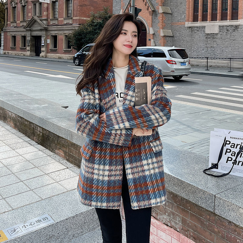 Women's New High-end Woolen Coat Thickened Plaid