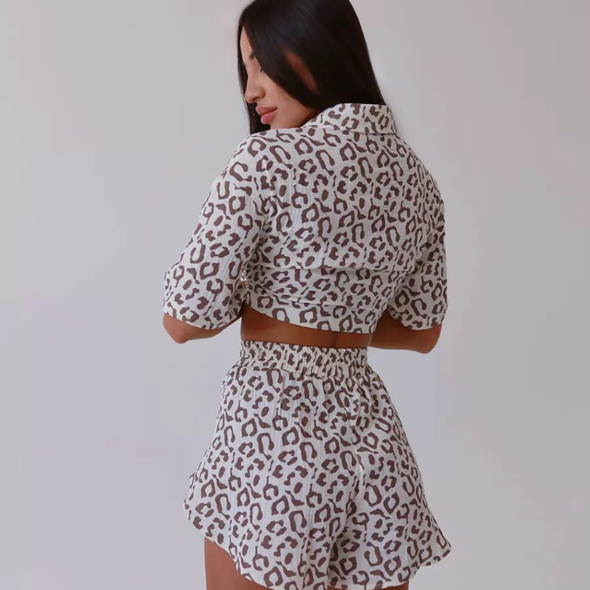 Womens Short-Sleeve Slit-Edge Shorts Two-Piece Set