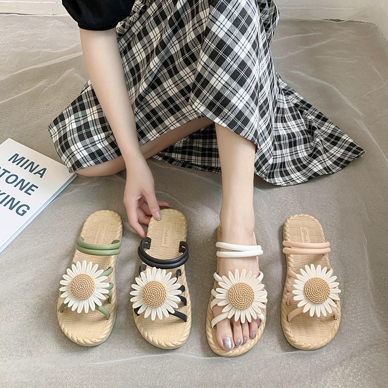 Outer Wear Student Fairy Style Flat Sandals And Slippers With Small Wrinkle Chrysanthemum