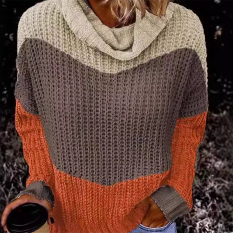 High Collar Color Matching Warm All-matching Female Knitted Pullover Sweater