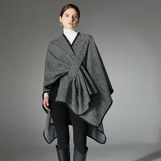 New Women's Black Buckle Striped Shawl