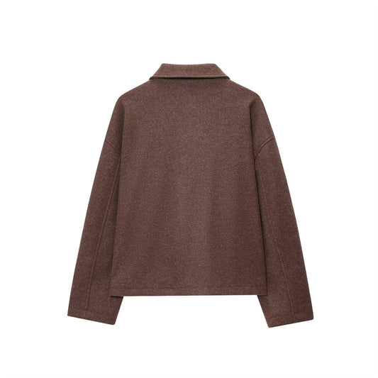European And American Women's Clothing Brown Polo Collar Jacket Zipper Woolen Coat