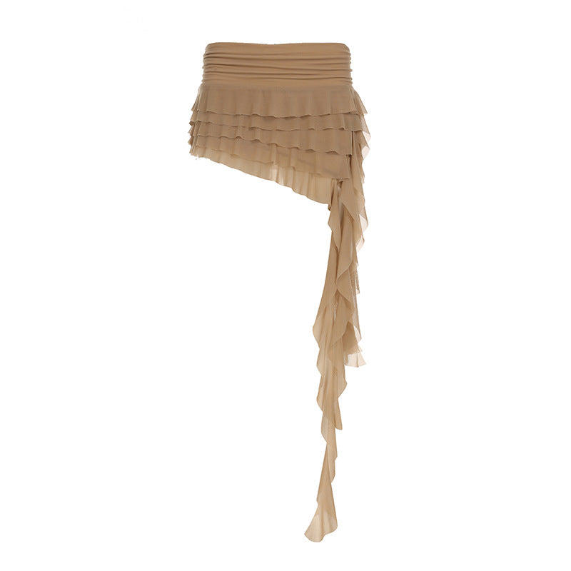 Low Waist All-match Ribbon Irregular Tulle Skirt