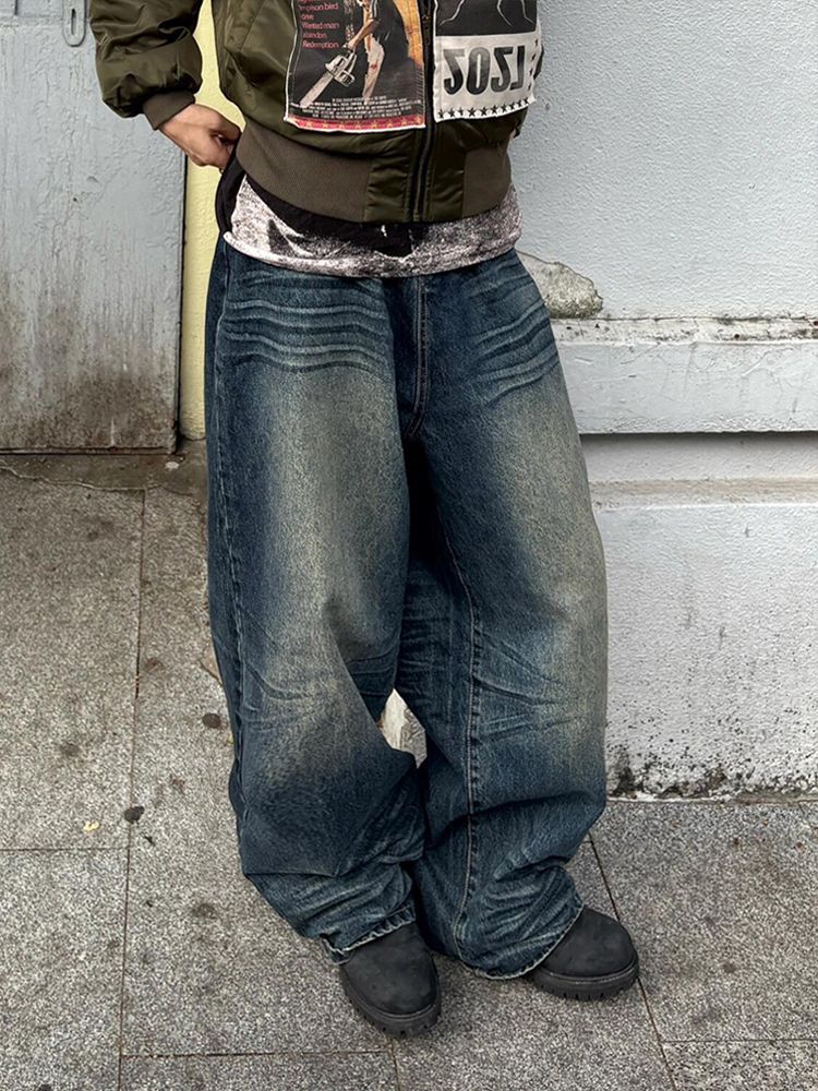 American Retro Worn Looking Washed-out Wide Leg Jeans