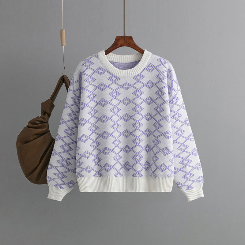 Jacquard Long-sleeved Sweater Loose Round Neck Western Style