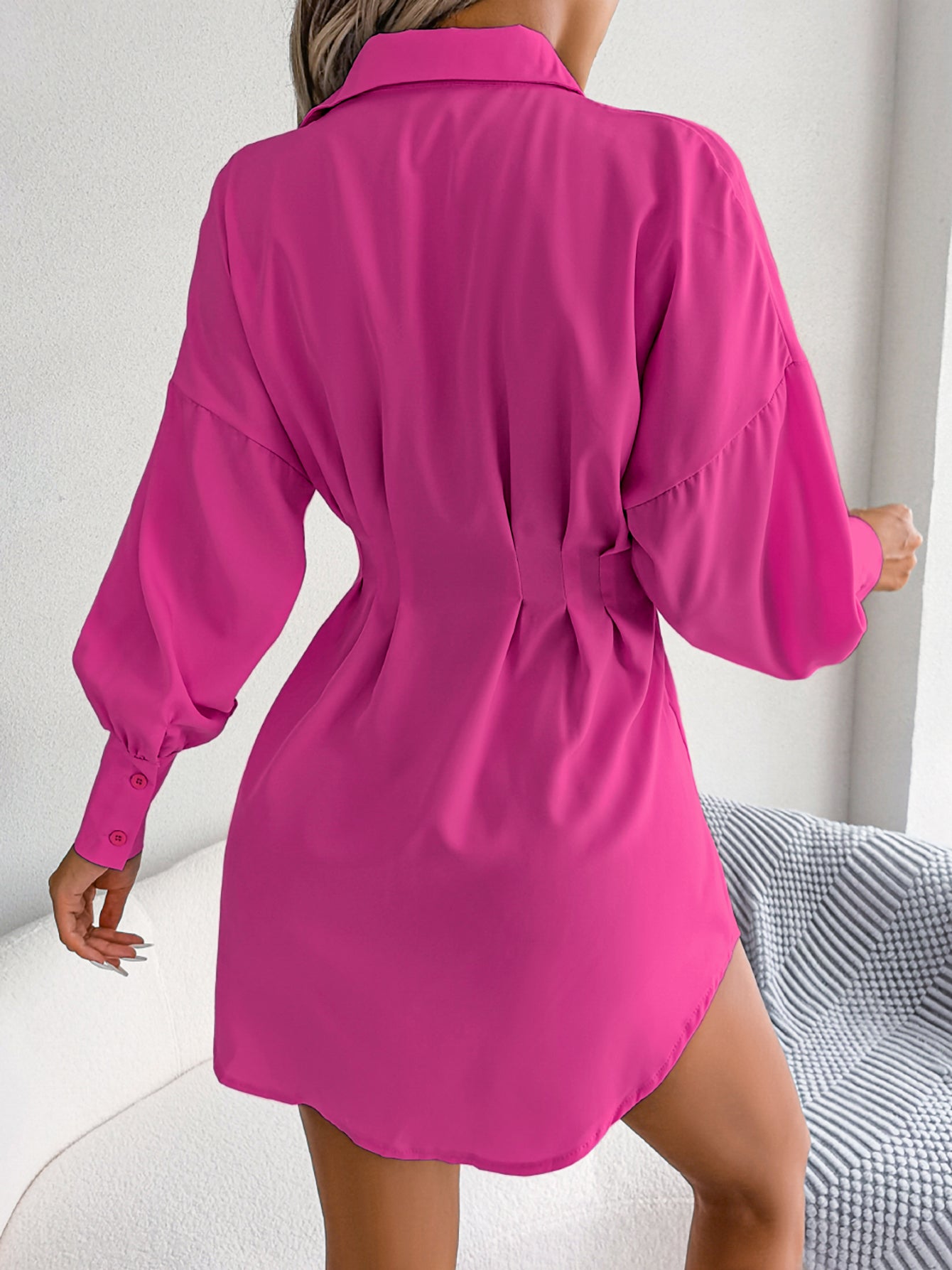 Women  Casual Lantern Sleeve Tie Waist Asymmetric Shirt Dress