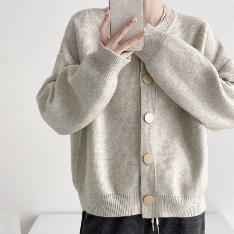 Round Neck Solid Color Loose Knitted Cardigan Women's Autumn And Winter