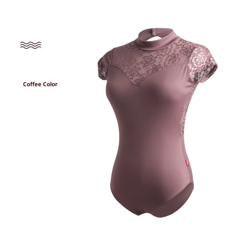 Women's Solid Color Stand Collar Lace Ballet Leotard