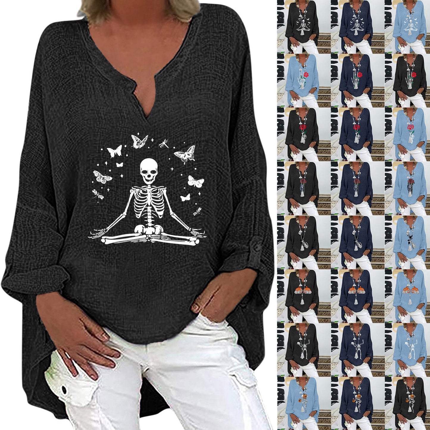 Halloween-tema print V-hals bomuldslinned langærmet skjorte til kvinder