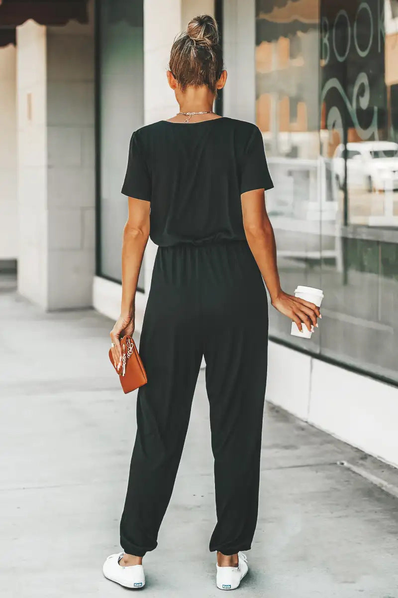 Cross V-neck Short Sleeved Lace Up Pocket Casual Jumpsuit