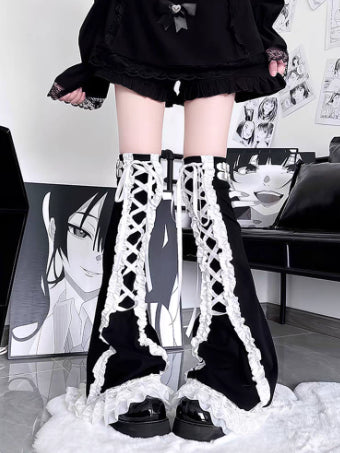 Cake Multi-layer Lace Ribbon All-match Leather Ring Knee Socks