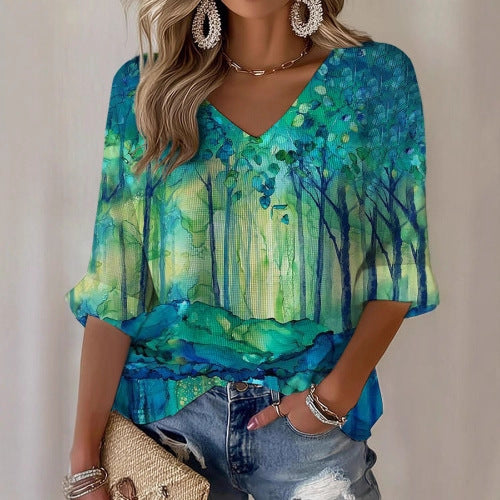 Womens Ribbed V-neck Three-quarter-sleeve Loose-fit T-shirt