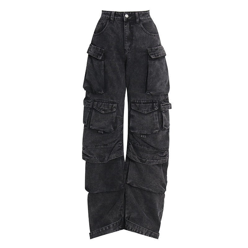 Women's Fashionable Wear And Wear Multi-pocket Washed And Worn Wide-leg Pants