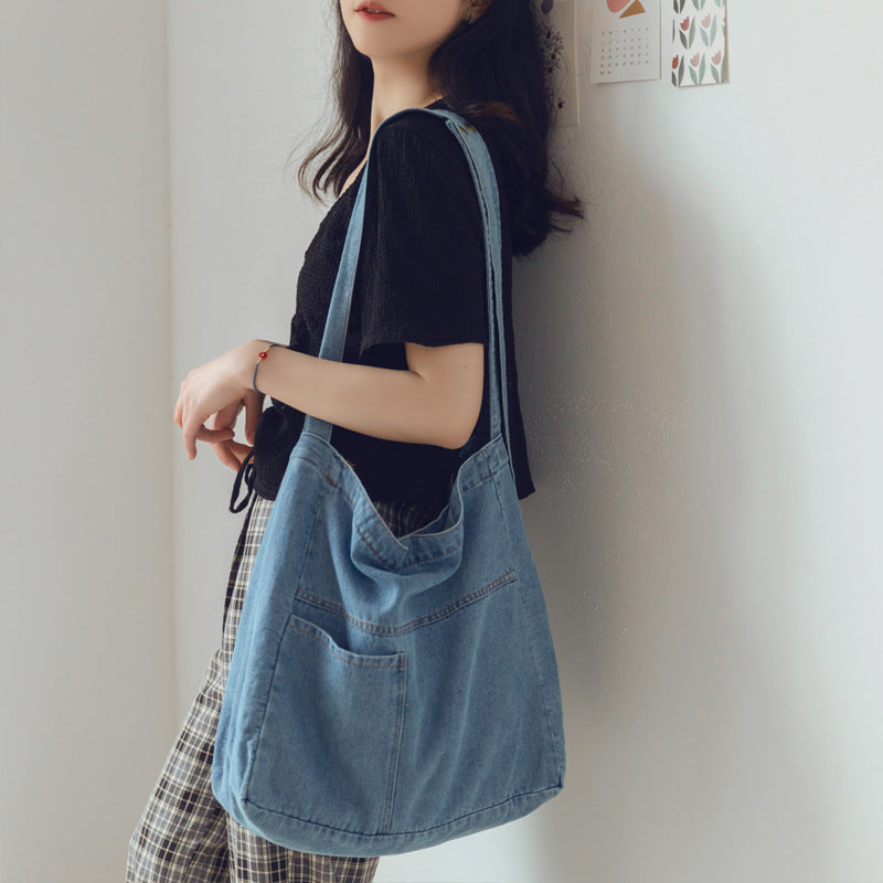 Vasket Denim Crossbodytaske med Stor Kapacitet
