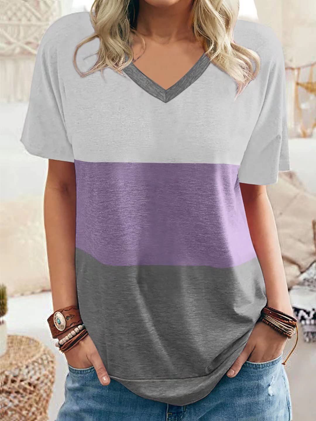 Women's Color Matching V-neck Casual Loose Short Sleeves