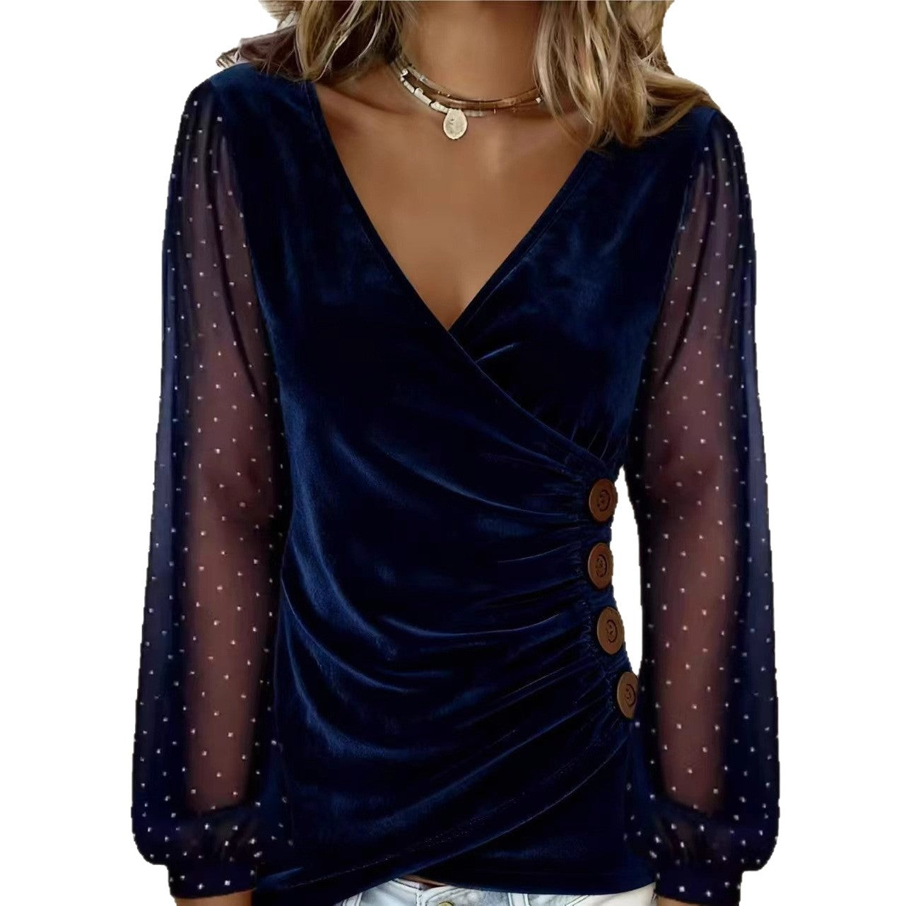 Drilled Rhinestone Velvet Slim Fit Long Sleeve T Shirt