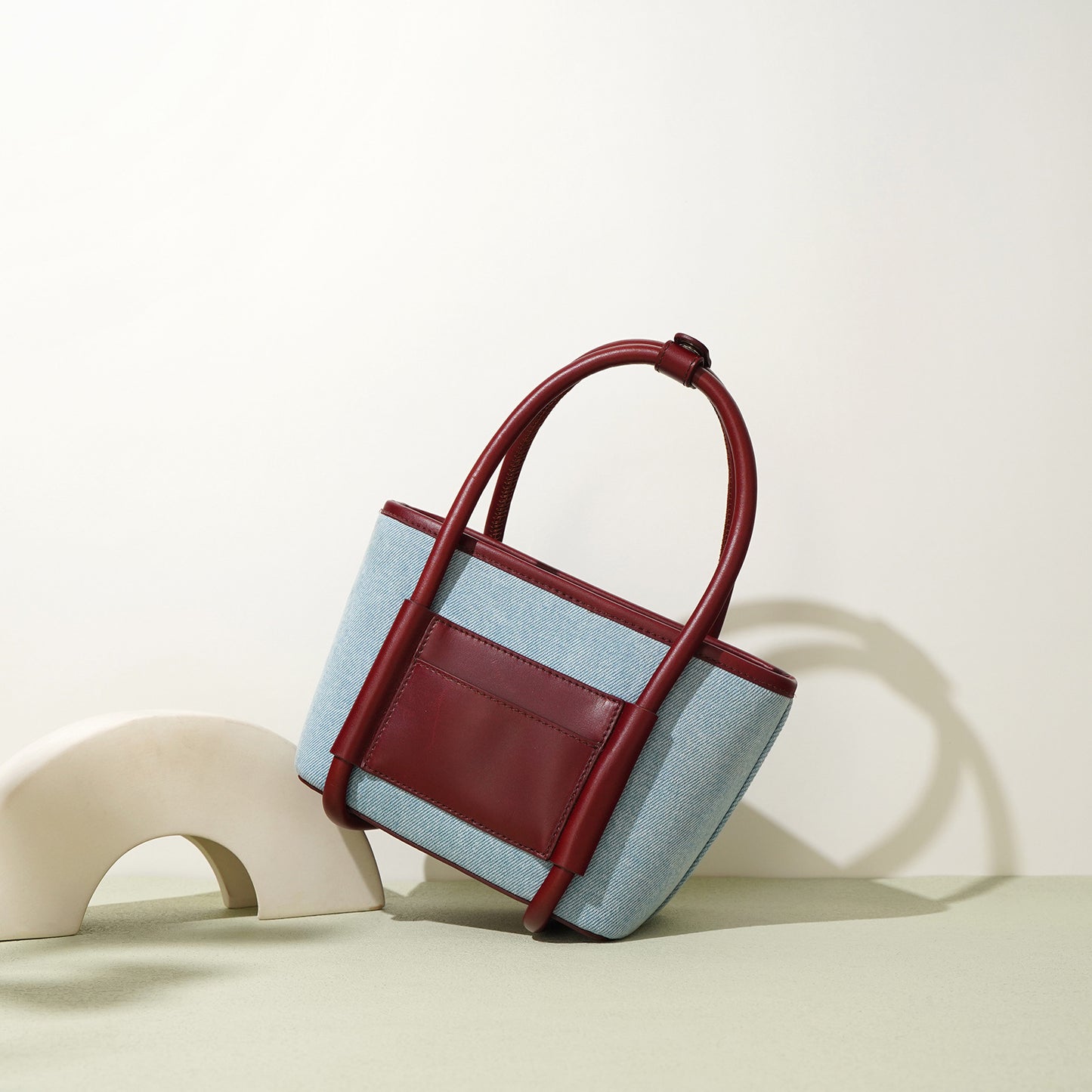 Toplag i okselæder med denimstof, grøntsagskurvetaske, niche, sammensat, enkelt skulder, crossbody