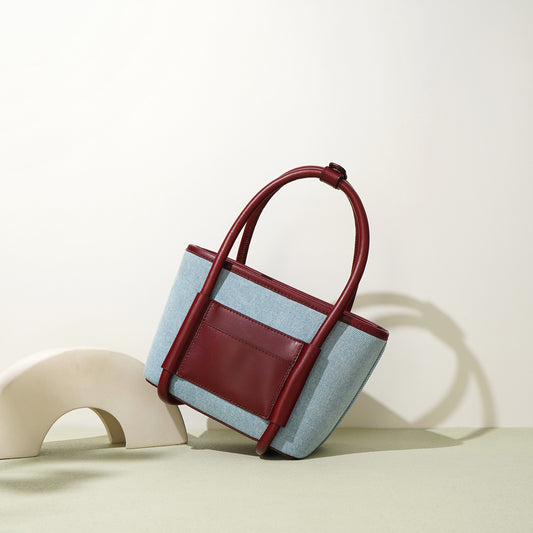 Toplag i okselæder med denimstof, grøntsagskurvetaske, niche, sammensat, enkelt skulder, crossbody