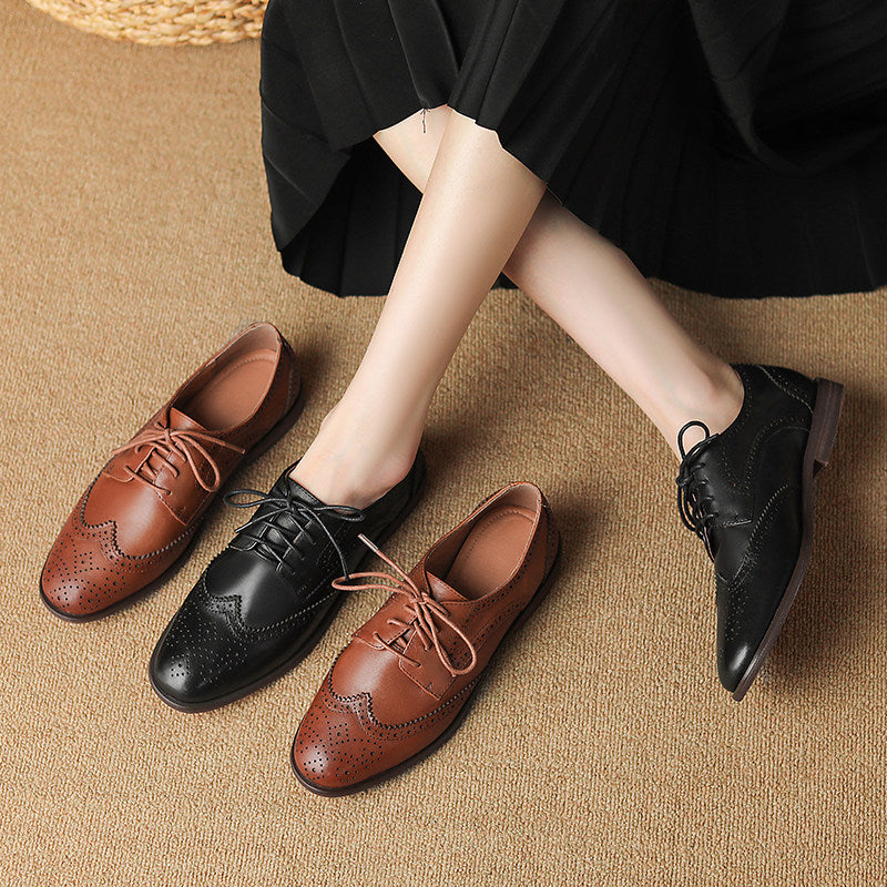 Womens British-style Lace-up Low-heeled Peep-toe Shoes