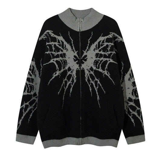 Dark Spider Web Zipped Stand Collar Sweater Coat For Men