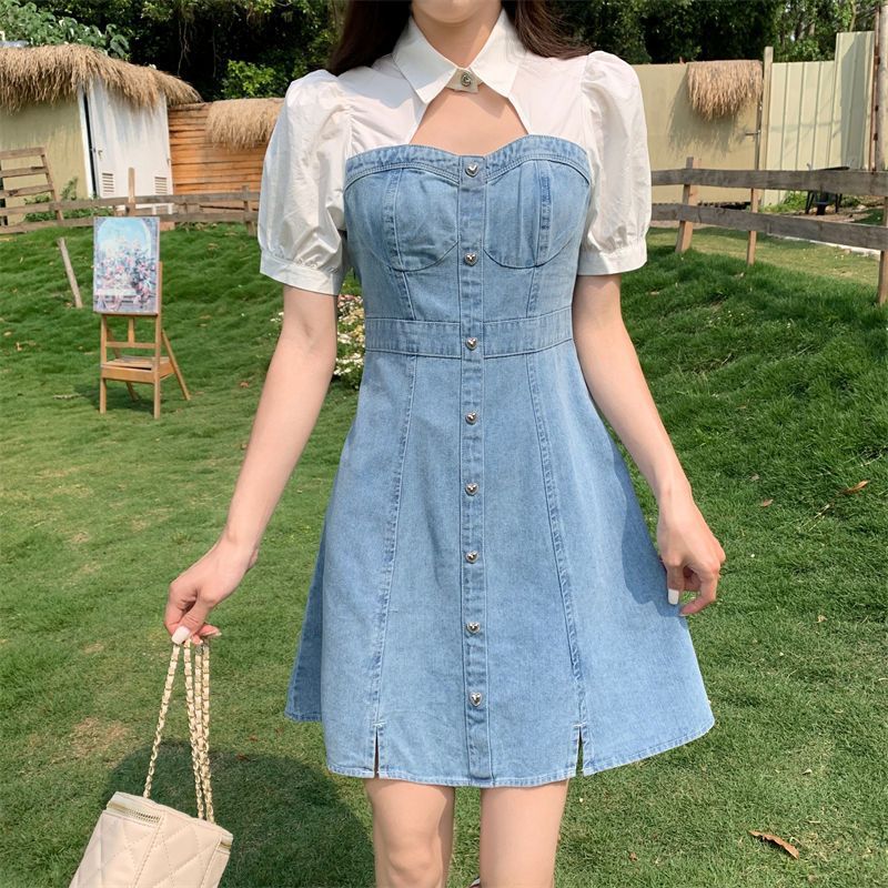 French-style High-waisted Faux Two-piece Denim Dress For Women