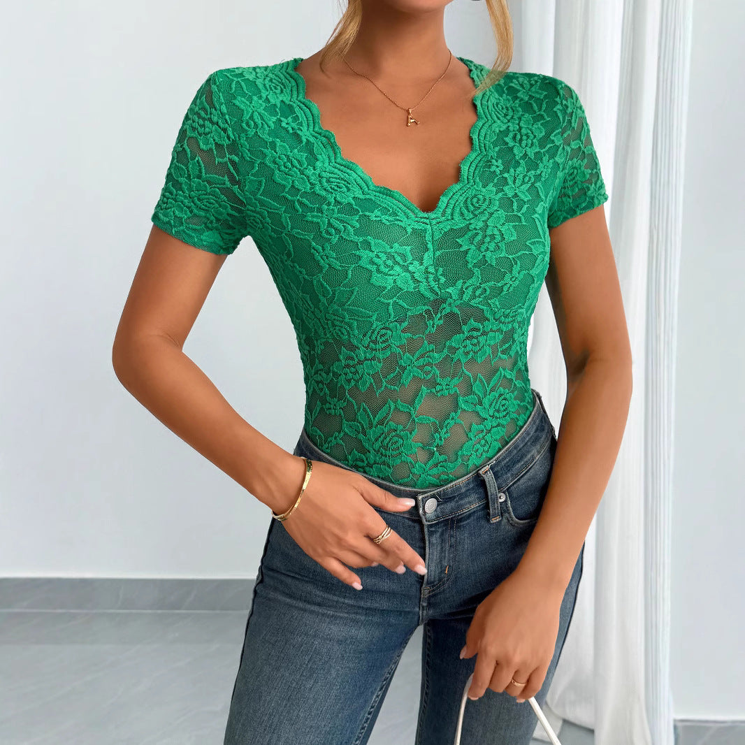 Womens Solid-Color Sexy Lace V-Neck Short-Sleeve Lace Base Top