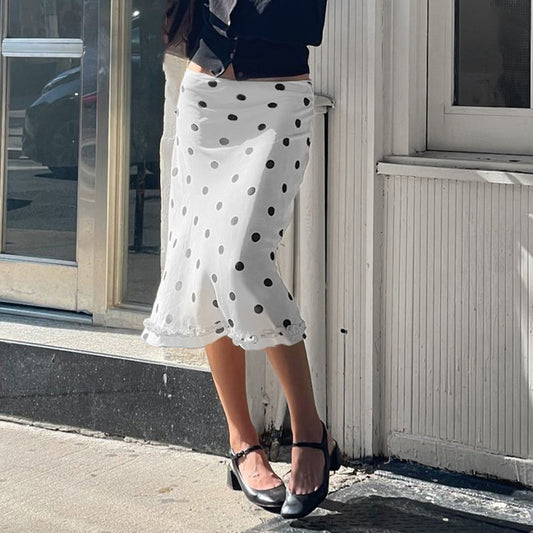 Women's French-style Color Matching Polka Dot Side Zipper Pleated Hip Skirt