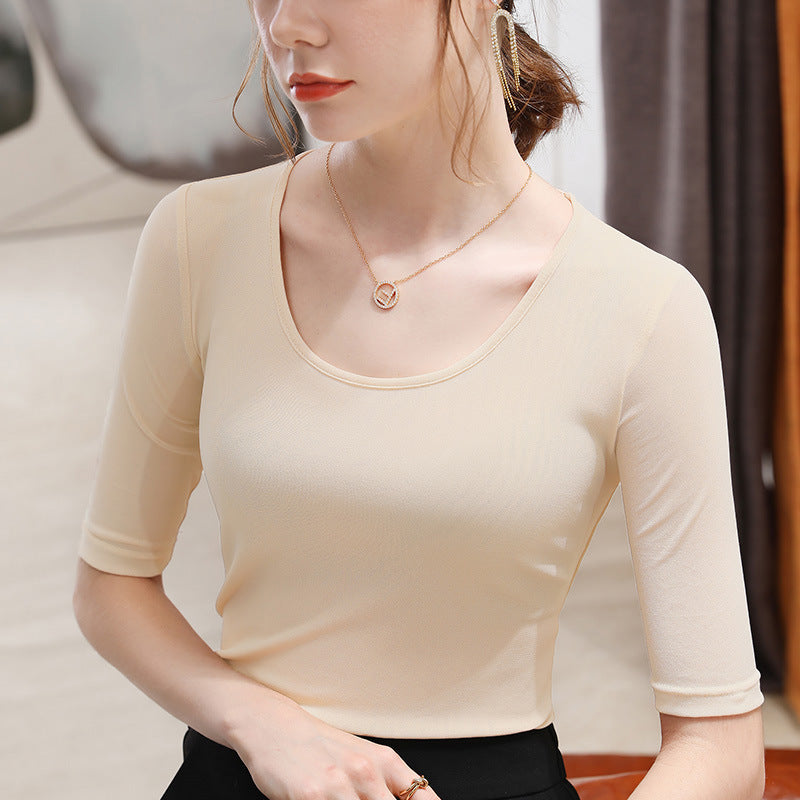Elegant Langærmet Mesh T-shirt til Kvinder Ensfarvet Taljestretch Top