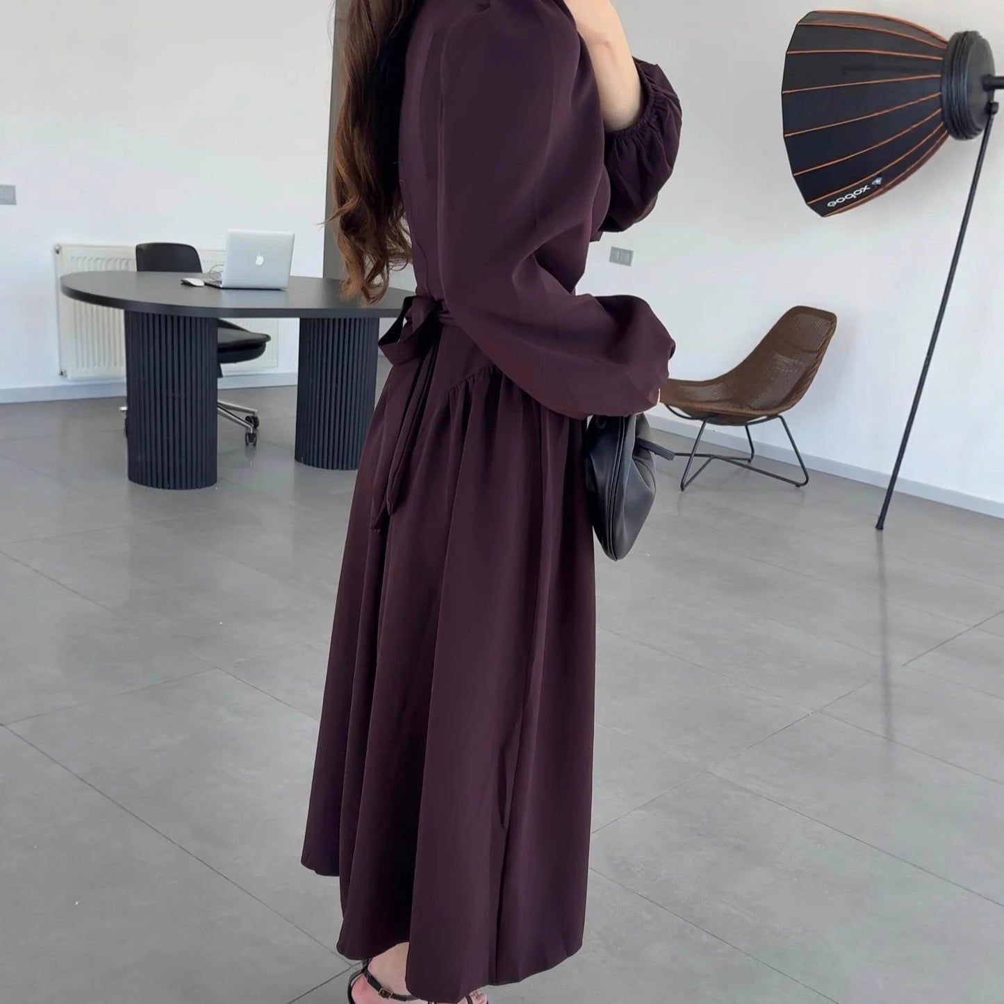 Long-sleeve Flared Waist-cinched Elegant Dress