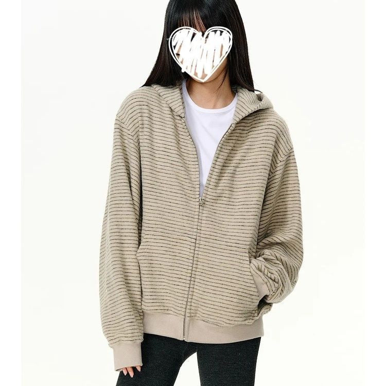 Koreansk Stribet Hætte Cardigan Sweater til Kvinder, Løs og Slankende
