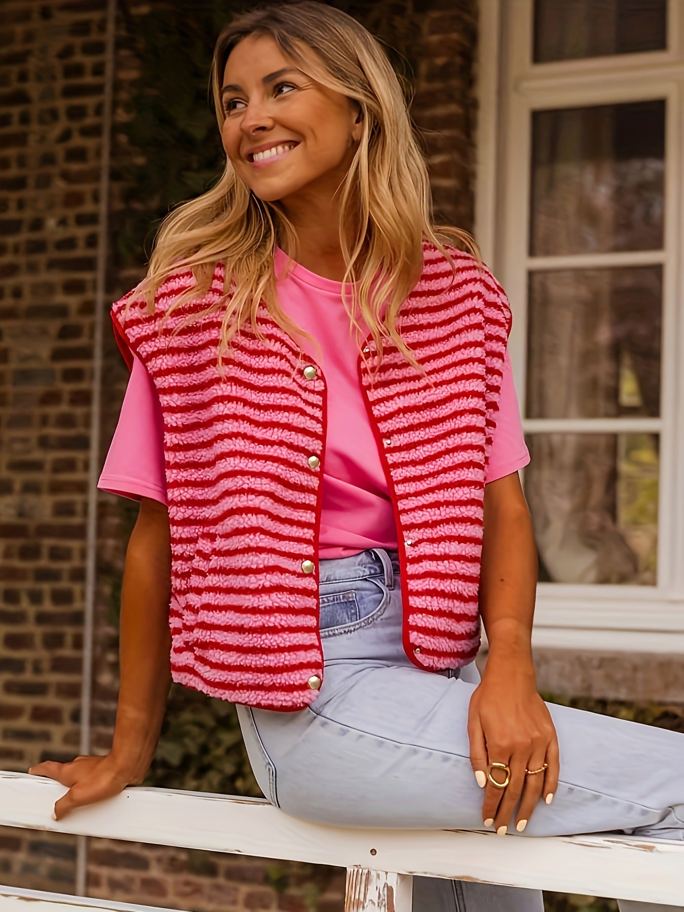 Button Cardigan Striped Vest Coat