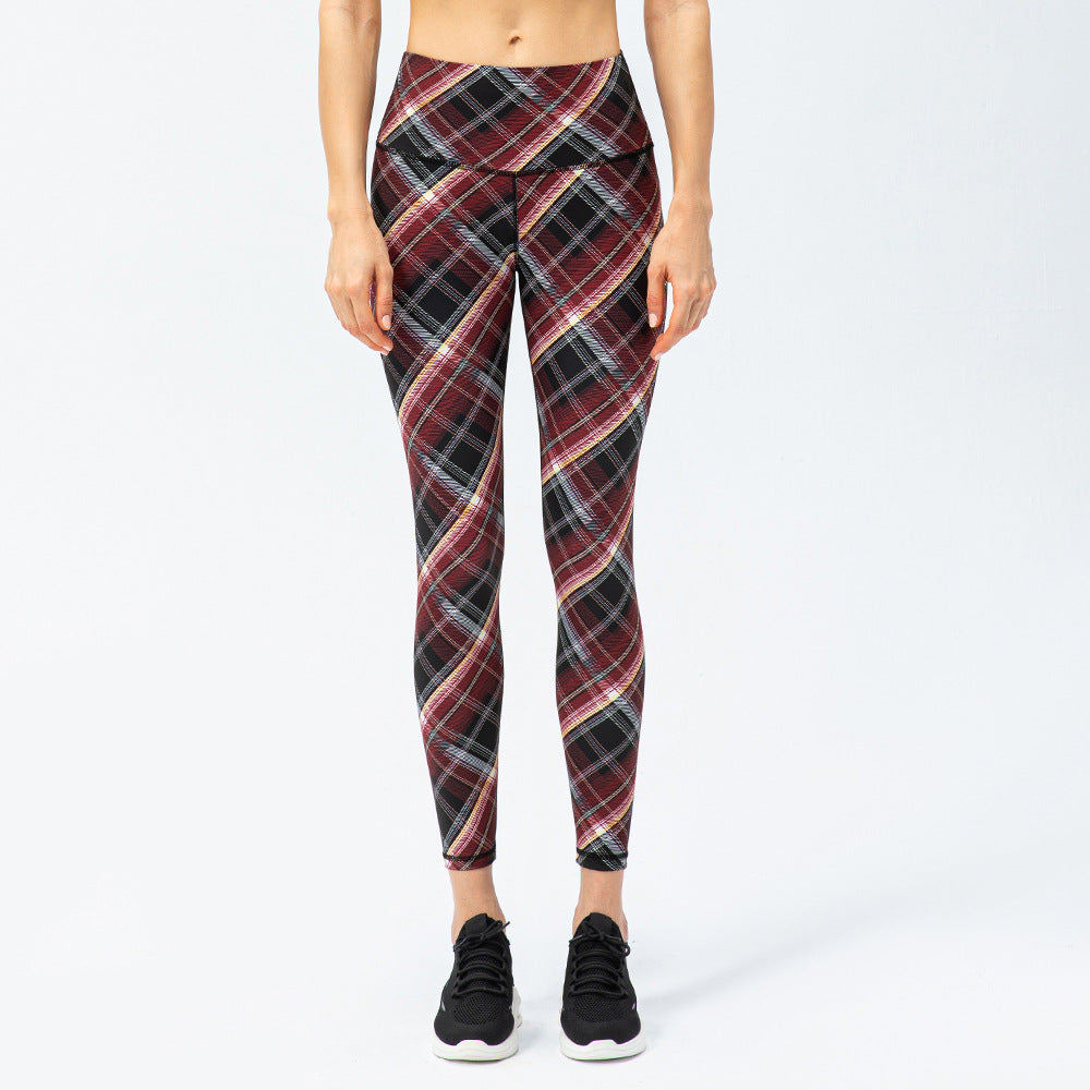 Women's Houndstooth Yoga Trousers Nude Feel High Waist Peach Hip Tight Running Exercise Pants Plaid Elements