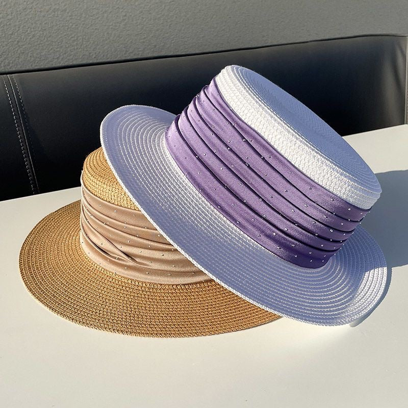 Spring And Summer Short Brim Satin Rhinestone Straw Flat Top Hat Women