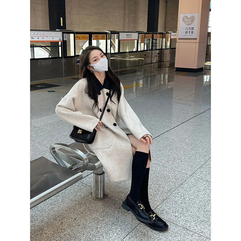 Contrast Color Lapels Dignified Sense Of Design Coat Woolen Mid-length
