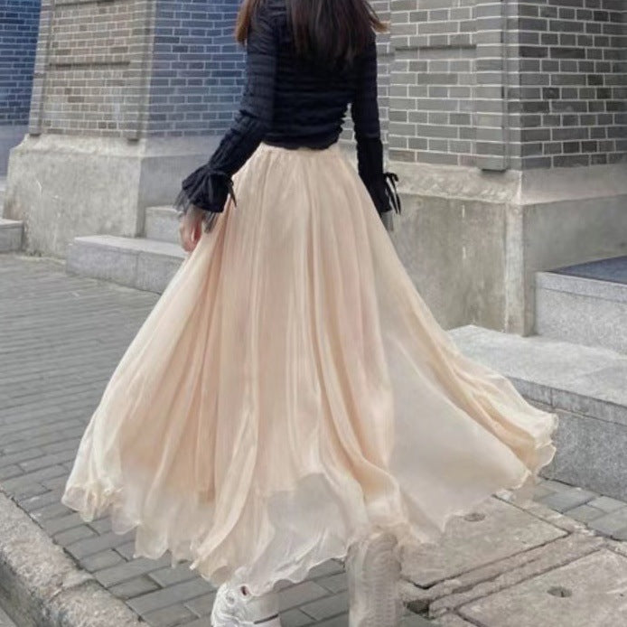 Oversized Wave Edge Gold Silk Chiffon Sparkling Pearl Skirt