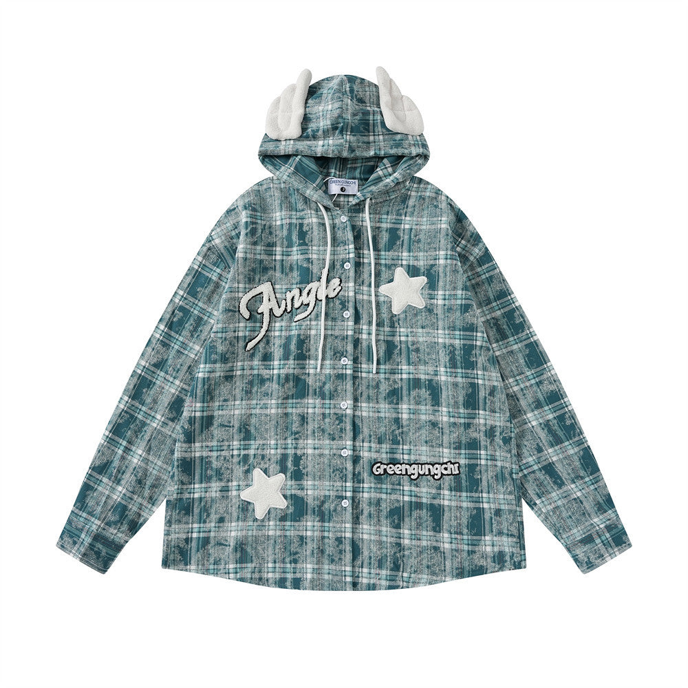 Letter XINGX Embroidered Hooded Plaid Shirt