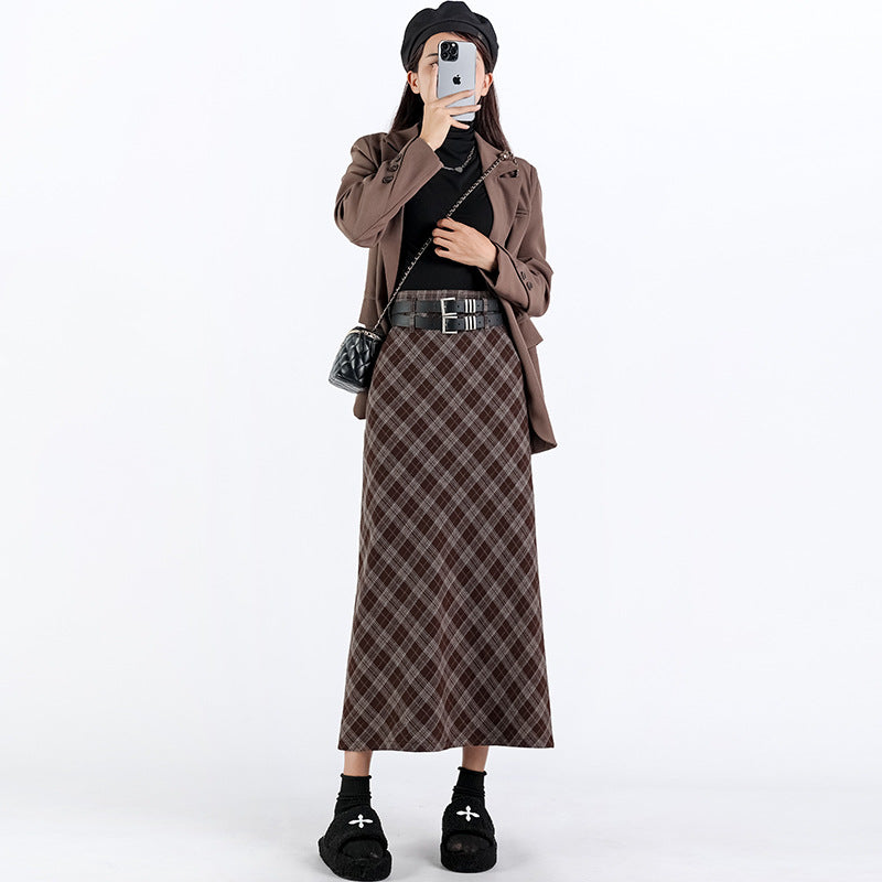 College Style High Waist Plaid Split A- Line Skirt